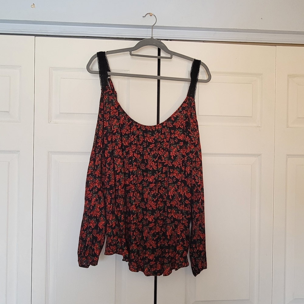 Torrid Black and Red Floral Cold Shoulder Blouse